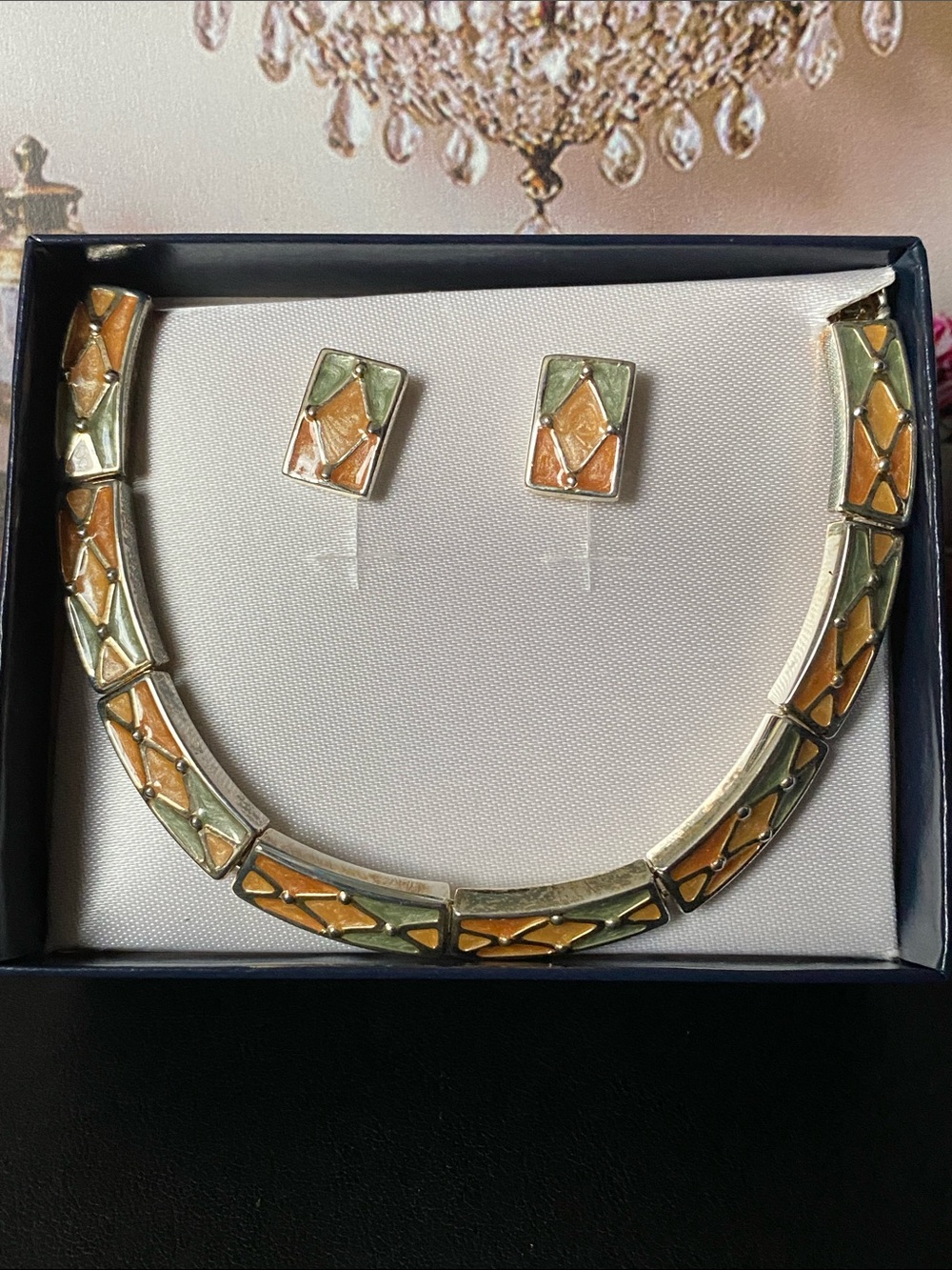 VTG Art Deco Harlequin Orange & Green Choker & Stud Earrings Set